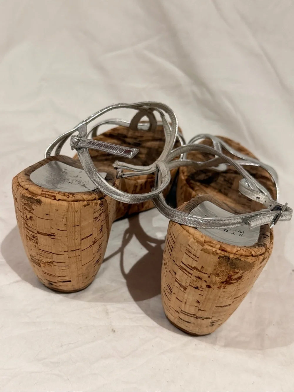 Stuart Weitzman Silver Metallic Strappy Cork Wedge Sandals - Picture 4 of 10